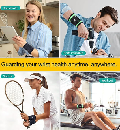 HiRui Wrist Brace Wrist Wraps Compression Wrist Strap, Wrist Support for Work Fitness Weightlifting Sprains Tendonitis, Carpal Tunnel Arthritis, Pain Relief, Adjustable Wristbands 2 PACK (Green, M)