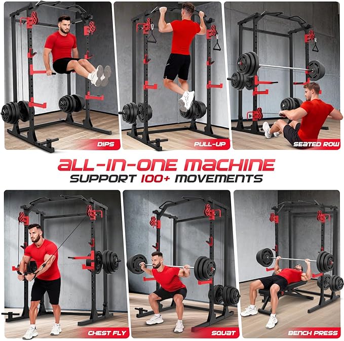 OPPSDECOR Power Cage, 2000LBS Squat Rack with Dual Pulley Cable Crossover System, Multifunctional Power Rack with More Training Attachments for Home Gym, Weight Cage Fits Compact Space
