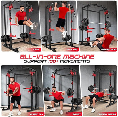 OPPSDECOR Power Cage, 2000LBS Squat Rack with Dual Pulley Cable Crossover System, Multifunctional Power Rack with More Training Attachments for Home Gym, Weight Cage Fits Compact Space