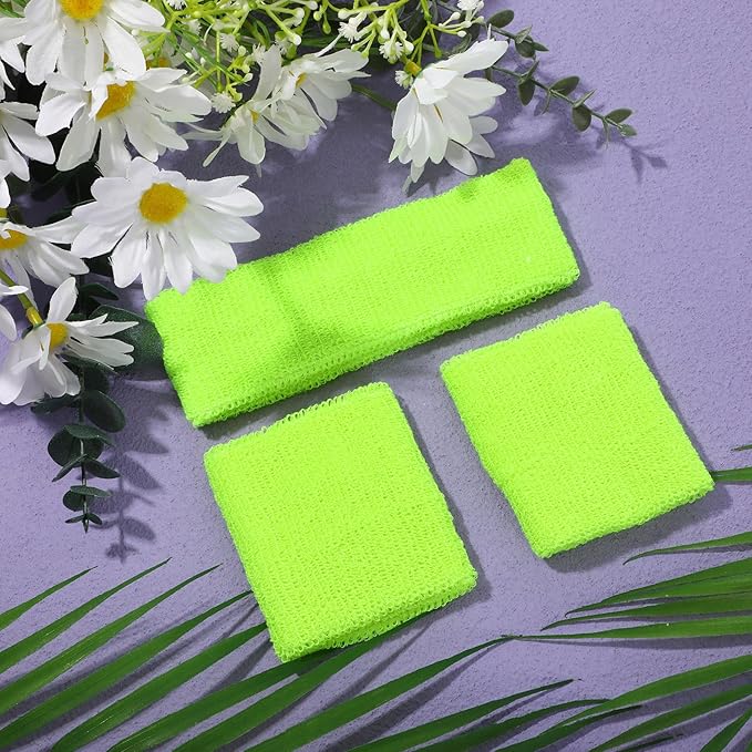 3 Pack Neon Sweatbands Set 80s Wristband and Headband Color War Accessories Sports Sweatbands for Summer Ball Party