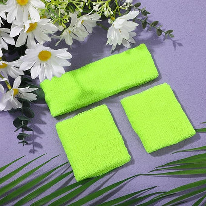 3 Pack Neon Sweatbands Set 80s Wristband and Headband Color War Accessories Sports Sweatbands for Summer Ball Party