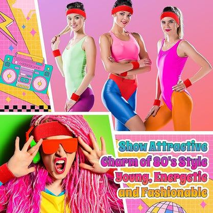 3 Pack Neon Sweatbands Set 80s Wristband and Headband Color War Accessories Sports Sweatbands for Summer Ball Party