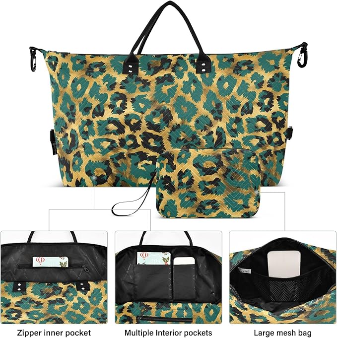 Weekender Bags Travel Duffel Gym Bag Leopard Green Skin Animal Carry on Overnight Tote Bag with Toiletry Bag for Airplane Travel Trip Gym Yoga