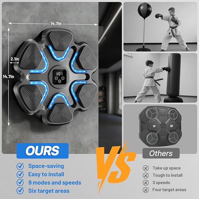 Music Boxing Machine for Kids and Adults, Wall Mounted Bluetooth Punching Trainer with Boxing Gloves, Intelligent LED Boxing Target Workout Machine for Teenagers Boys Girls