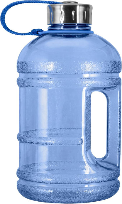 Geo Sports Bottles 1/2 Gallon (64 oz) BPA Free Reusable Leakproof Wide Mouth Sports Water Jug Bottle with Handle and 48mm Stainless Steel Cap (Dark Blue)
