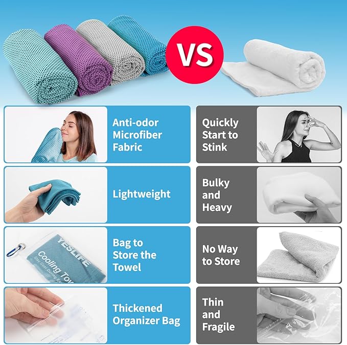 YESLIFE 4 Pack Cooling Towels 40"x12", Gym Towels for Men and Women, Soft Breathable Workout Towels for Yoga, Running, Sport, Workout, Camping, Fitness & More (Grey, Lake Blue, Purple, Light Blue)