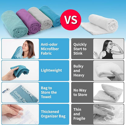 YESLIFE 4 Pack Cooling Towels 40"x12", Gym Towels for Men and Women, Soft Breathable Workout Towels for Yoga, Running, Sport, Workout, Camping, Fitness & More (Grey, Lake Blue, Purple, Light Blue)