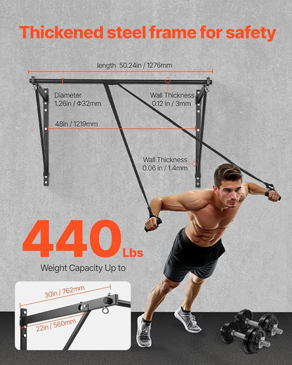 VEVOR Pull Up Bar, Multi-Grip Wall Mounted Pull Ups, 50 in Width Multifunctional Chin Up Training Station, Heavy Duty Steel Upper Body Workout Bars with Hangers, 440 lbs Weight Capacity, for Home Gym