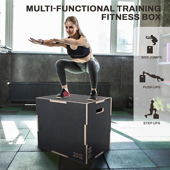 Signature Fitness 3 in 1 Non-Slip Wooden Plyo Box Jump Exercise Platform, Plyometric Workout Equipment for Home Gym, Training Step Box, Gray, Multiple Sizes