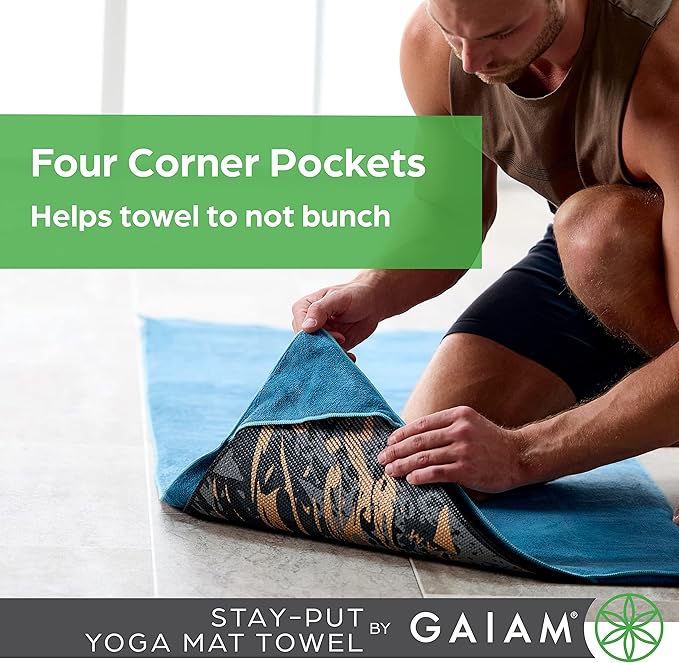 Gaiam Yoga Towel - Mat Sized Active Dry Non Slip Moisture Wicking Sweat Absorbent Microfiber Hot Yoga Towel for Women & Men | Stay-Put Corner Pockets (70" Long x 26" Wide)