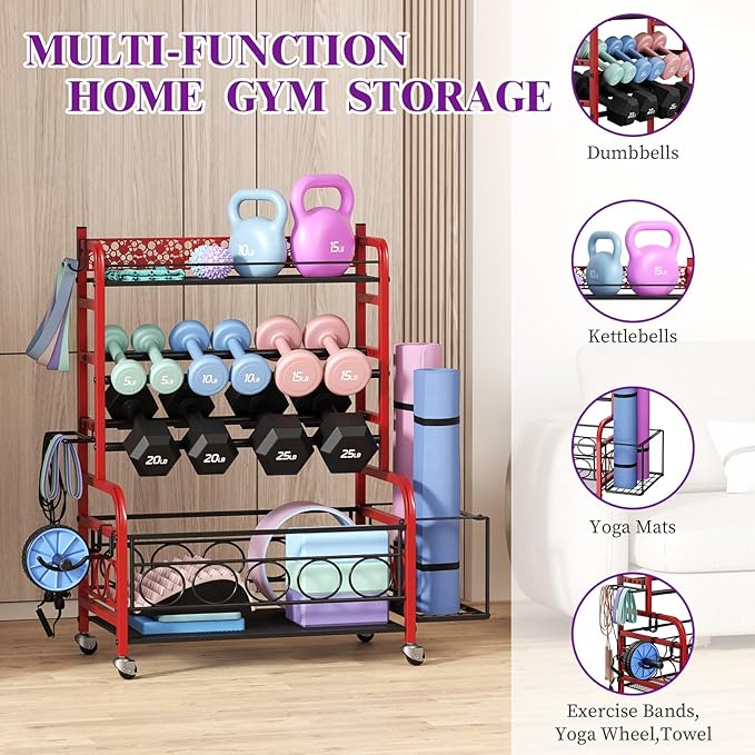 400LBS Dumbbell Rack, VOPEAK Adjustable Weight Rack for Home Gym, Home Gym Storage Rack for Yoga Mat Kettlebells and Strength Training Equipment, Weight Storage Rack for Dumbbells with Wheels