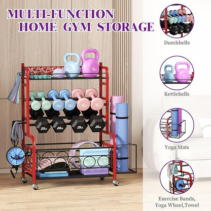 400LBS Dumbbell Rack, VOPEAK Adjustable Weight Rack for Home Gym, Home Gym Storage Rack for Yoga Mat Kettlebells and Strength Training Equipment, Weight Storage Rack for Dumbbells with Wheels