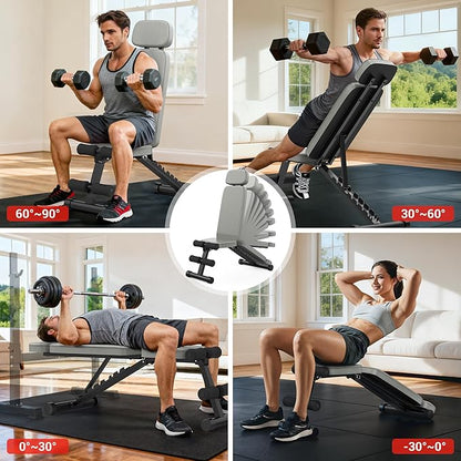 XDDIAS Workout Bench, 10 Backrests Adjustable Weight Bench with Extended Headrest, 800LBS Foldable Weight Bench for Home Gym, Incline Decline Flat Bench Compact for Small Space Training