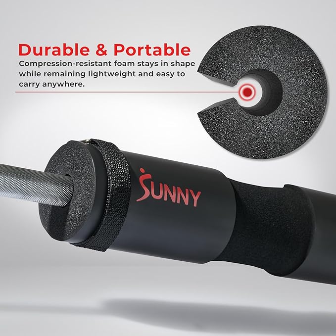 Sunny Health & Fitness 60-Inch Chrome Barbell Bar or High-Density Foam Barbell Pad – Strength Training Gear for Squats, Deadlifts, Hip Thrusts, Bench Press, Lunges & Full-Body Home Gym Workouts