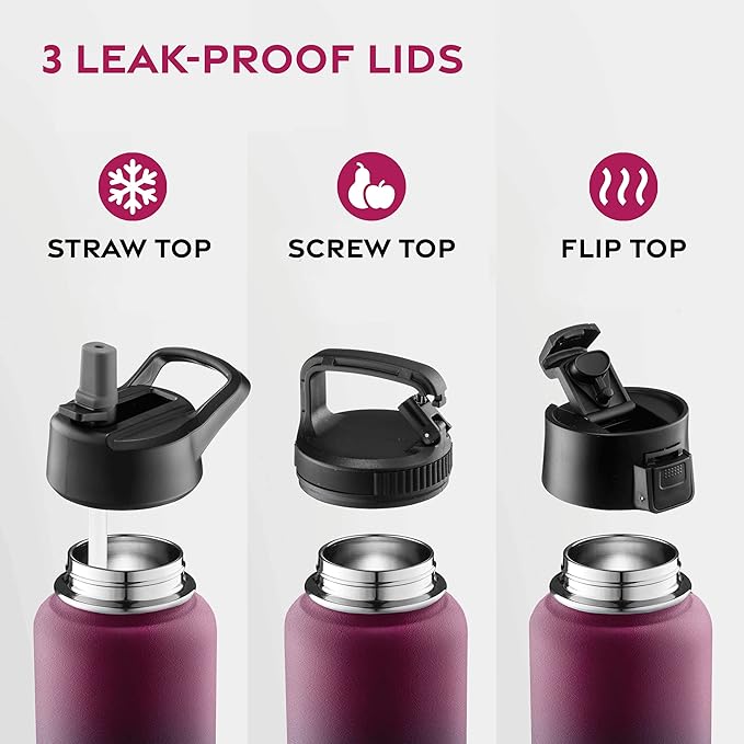 FineDine Water Bottle - Stainless Steel Insulated Water Bottle with Straw Lid, Flip Lid & Wide-Mouth Cap - Keeps Hot and Cold - 32 Oz / 946ml - Dreamy Purple