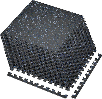 SUPERJARE 0.4'' Thick 12 Pcs 48 Sq Ft Rubber Top Exercise Equipment Mats, High Density EVA Foam Mats with Rubber Top, Interlocking Gym Flooring for Home Gym, Protective Workout Mat, Black/Blue