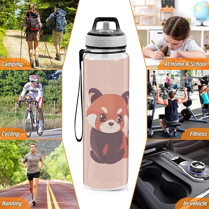 Fustylead Cute Flat Red Panda 32oz Water Bottle with Straw, Leakproof Clear Sport Water Bottles for Gym Camping Hiking Travel