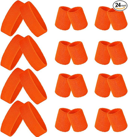 24 Pieces 80s Neon Sweatbands Set, Include 8 Sports Headbands and 16 Sweat Wristbands Elastic Athletic Tennis Sweat Bands Bulk for Man Woman