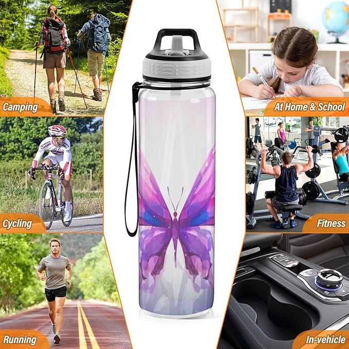 YETTASBIN Purple Butterfly Clear Water Bottle with Straw Lid, BPA-Free Leakproof Sport Water Bottle 32oz Large Gym Water Jug for Men Women Travel Fitness Outdoor