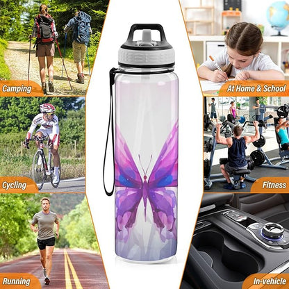 YETTASBIN Purple Butterfly Clear Water Bottle with Straw Lid, BPA-Free Leakproof Sport Water Bottle 32oz Large Gym Water Jug for Men Women Travel Fitness Outdoor