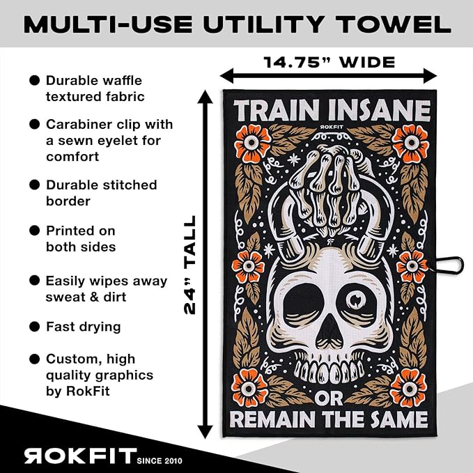 RokFit Gym & Golf Towel – Multi-Use, Quick-Dry, Durable Utility Towel with Bold Graphic and Carabiner Clip (Train Insane or Remain The Same)