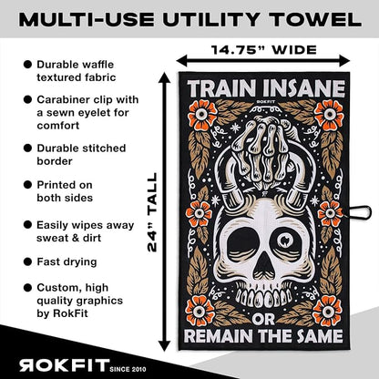 RokFit Gym & Golf Towel – Multi-Use, Quick-Dry, Durable Utility Towel with Bold Graphic and Carabiner Clip (Train Insane or Remain The Same)