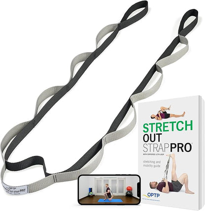 OPTP Stretch Out Strap Pro with Stretching Exercise Book, 11 Loop Stretching Strap for Yoga and Pilates, Physical Therapy Strap for Leg and Knee Recovery. Made in the USA