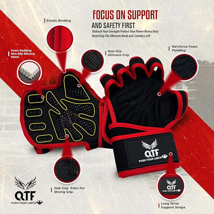 QTF Ventilated Weight Lifting Gloves for Men & Women Workout Gym Fitness Extra Grip with Wrist Support Wrap Cross fit Pull-ups Barbell Training Sports