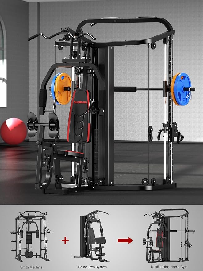 SunHome Multifunction Home Gym Equipment Workout Station, Smith Machine with 138LB Weight Stack, Leg Press, LAT Station for Full Body Training