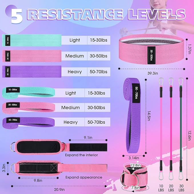 Women's Fabric & Ankle Resistance Bands Set: 6 Short, 3 Long Bands for Leg, Glute & Hip Workouts, Adjustable Resistance Levels with Non-Slip Design, Includes Travel Bag & Training Guide