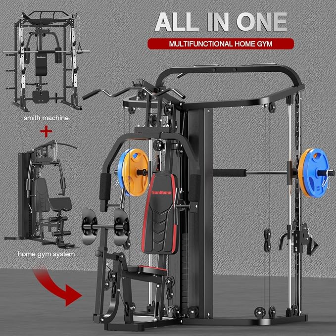SunHome Multifunction Home Gym Equipment Workout Station, Smith Machine with 138LB Weight Stack, Leg Press, LAT Station for Full Body Training