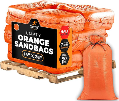 Xpose Safety Heavy Duty Sand Bags with Tie Strings – Empty Woven Polypropylene Sandbags for Hurricane Flood Protection, 50 lb Capacity, 14" x 26", Orange, Bulk Half Pallet Pack of 7500