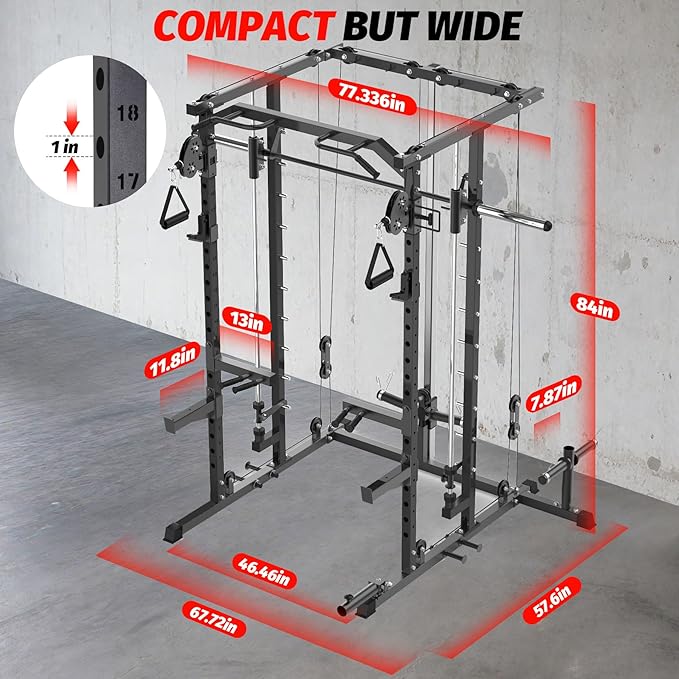GarveeLife Power Cage, Smith Machine Squat Rack, Heavy Duty Power Rack for Home Gym with Pulley System, Dip Bar, LAT Pulldown, Multifunctional Squat Rack for Home Gym