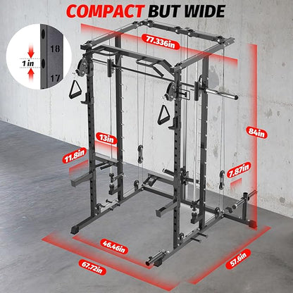 GarveeLife Power Cage, Smith Machine Squat Rack, Heavy Duty Power Rack for Home Gym with Pulley System, Dip Bar, LAT Pulldown, Multifunctional Squat Rack for Home Gym