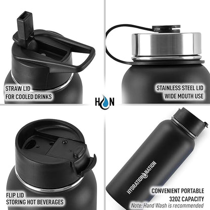 Hydration Nation 3 Lid Multi-Size Vacuum Insulated Water Bottles with Straw - Metal Water Bottle For Sports & Outdoor - Thermo Stainless Steel Water Bottle - Perfect for Hot & Cold Drinks (Black)