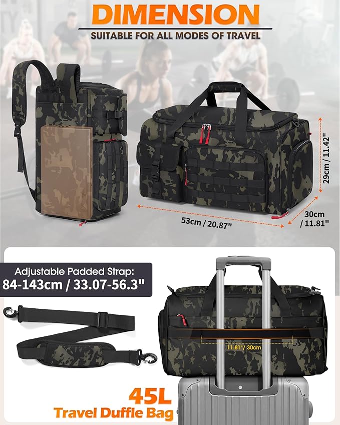 RAINSMORE Gym Bag for Men, 45L Sports Travel Duffel Bag with Shoe & Laptop Compartment, Gym Workout Backpack Carry On Weekender Bag Overnight Backpack for Travel, Green Camo