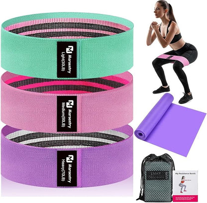 Hip Resistance Bands Set with Exercise Band, 3 Levels, Carry Bag and Guide, Multi-Colour