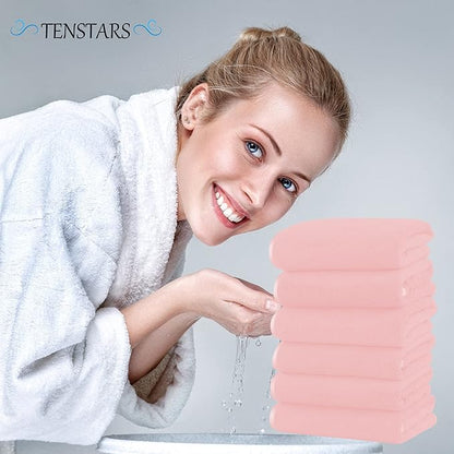 TENSTARS Silk Hemming Hand Towels for Bathroom - Quick Drying - Ultra Soft Microfiber Absorbent Towel for Bath Fitness, Gym, Shower, Hotel, and Spa - 16x28 Inch | Set of 6, Pink