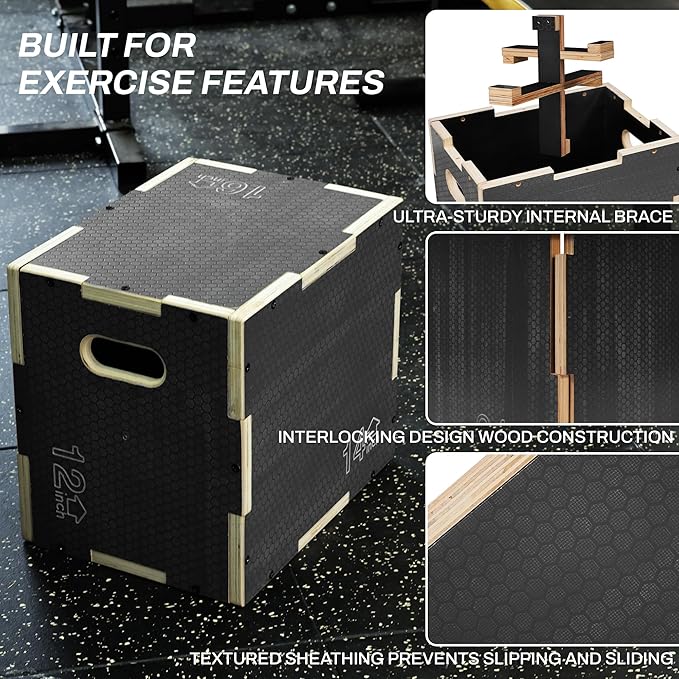 Signature Fitness 3 in 1 Non-Slip Wooden Plyo Box Jump Exercise Platform, Plyometric Workout Equipment for Home Gym, Training Step Box, Gray, Multiple Sizes