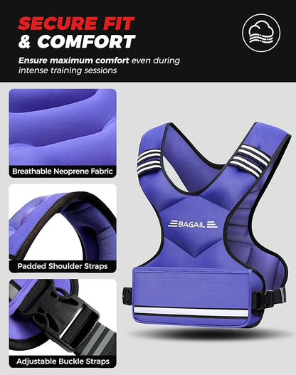 BAGAIL Adjustable Weighted Vest 4-10lb/12-18lb/20-32lb, Comfortable X-Shape & U-Neck Weight Vest for Women and Men Walking with 6 Removable Weights, Large Pocket and Reflective Strips