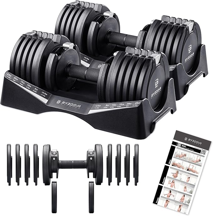 BYZOOM FITNESS Pure Series Adjustable Dumbbell - 12.5/25/27.5/75lb - ONE UNIT OR PAIR(check QTY before purchase) - 5-in-1/ 10-in-1 / 21-in-1 Flexible Hand Weights for Home Gym, Strength Training & Fitness Workouts, White OR Black