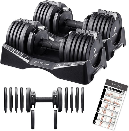 BYZOOM FITNESS Pure Series Adjustable Dumbbell - 12.5/25/27.5/75lb - ONE UNIT OR PAIR(check QTY before purchase) - 5-in-1/ 10-in-1 / 21-in-1 Flexible Hand Weights for Home Gym, Strength Training & Fitness Workouts, White OR Black