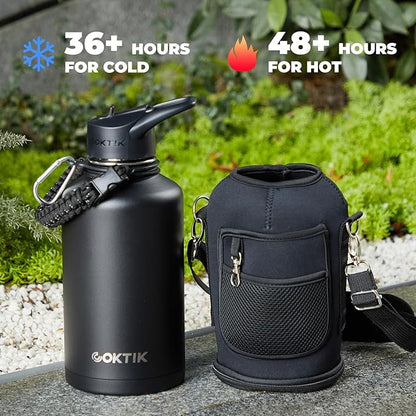 COKTIK 64oz Insulated Water Bottle - Stainless Steel Vacuum Metal, Portable ½ Gallon Large-Capacity Sports Bottle with Straw, Carry Bag and Handle Strap, Ideal for Gym & Hiking(Black)