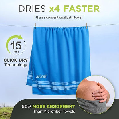 Zumi 100% Cotton Quick Dry Travel Towel - Soft, Thin, Compact, Highly Absorbent, Lightweight Camping Towel for Beach, Gym, Bath, Shower, Swimming, Pool, Dorm, RV - Blue