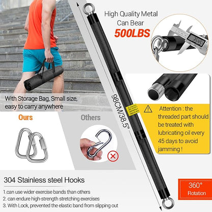 DASKING Resistance Band Bar Set for Home Gym, 500LB Total Resistance with Longer Bar & 4 Stackable Bands, Detachable for Full Body Workouts, Door Anchor, Exercise Guide