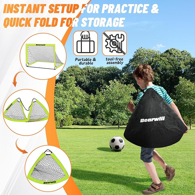 Bearwill Soccer Goal, Kids Soccer Goals for Backyard Set of 2, 4x3ft Portable Soccer Goal Pop Up Soccer Net, Kids Soccer Net Training Equipment with Soccer Ball, Ladder, Cones, Targets