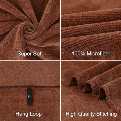 JML Microfiber Bath Towels, Bath Towel 4 Pack 30" x 60", Oversized, Soft, Super Absorbent and Fast Drying Bathroom Towel Set for Sport, Fitness, Yoga (Brown)