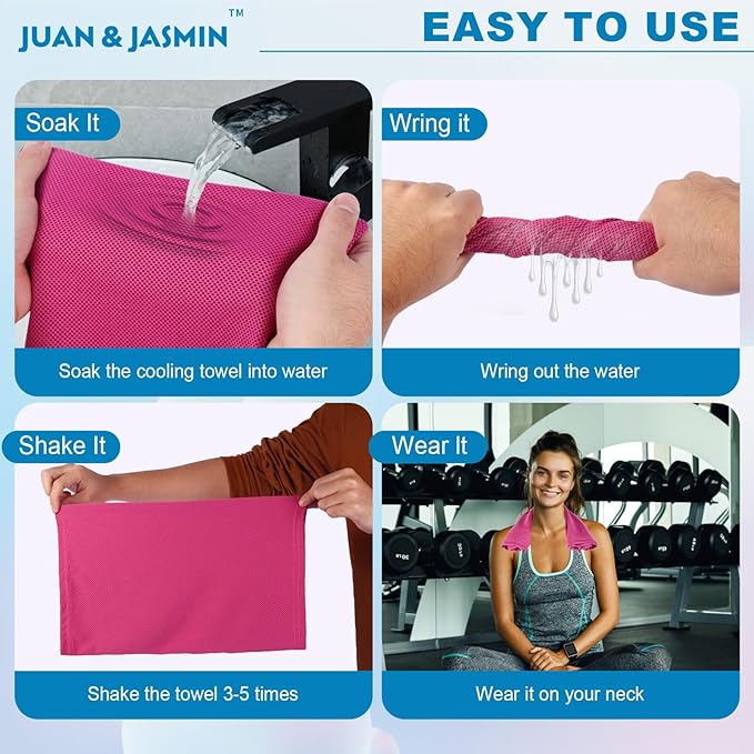 JUAN & JASMIN 2 Pack Cooling Towels (19.5"x15"), Soft Breathable Chilly Towels, Super Absorbent, Ice Wraps, Towels-Ideal for Hiking, Running, Workout, Gym, Dancing, Camping, Fitness (Red)