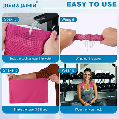 JUAN & JASMIN 2 Pack Cooling Towels (19.5"x15"), Soft Breathable Chilly Towels, Super Absorbent, Ice Wraps, Towels-Ideal for Hiking, Running, Workout, Gym, Dancing, Camping, Fitness (Red)