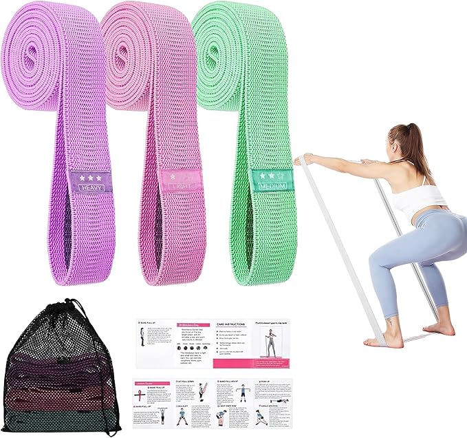 Resistance Bands for Working Out, Fabric Exercise Bands Set of 3, Long Elastic Bands for Exercise with Workout Guide and Carry Bag, Fitness Bands for Strength Training, Yoga, Pilates, Home Workout